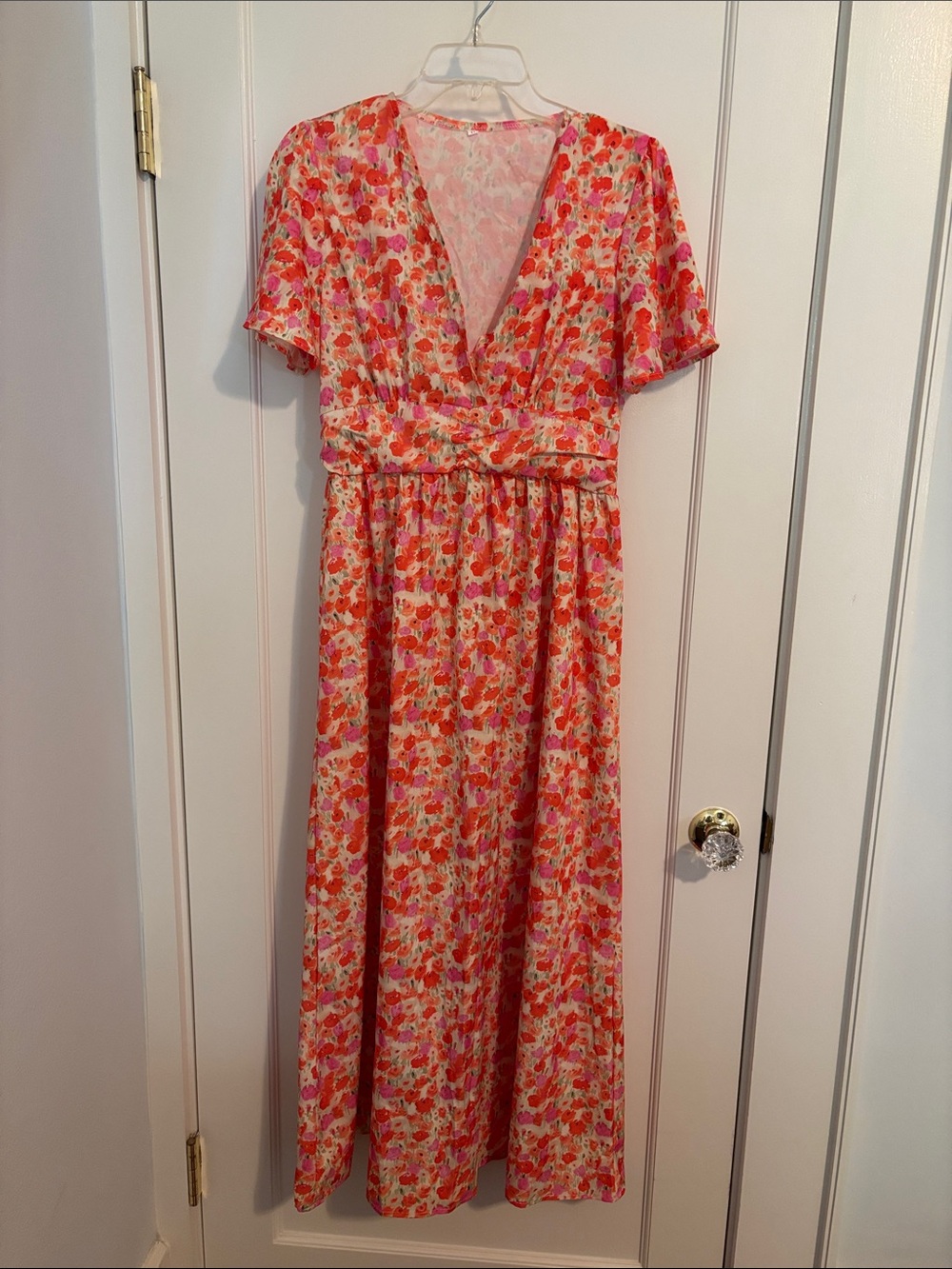 Floral V-Neck Midi Dress in Pink and Coral